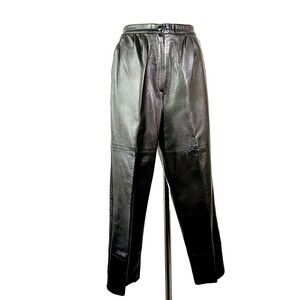 Prestige Club Black Leather Pant Vintage Women Size 12 Large Pleat Front Slacks